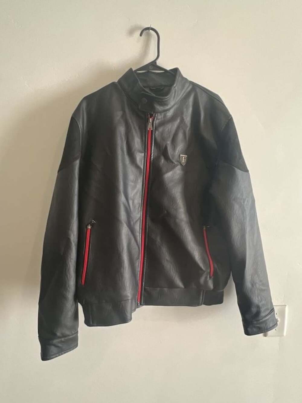 F Collections Black Leather Jacket with Red Accents